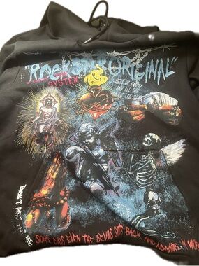Black Hoodie with Colorful Rock Graphic Print